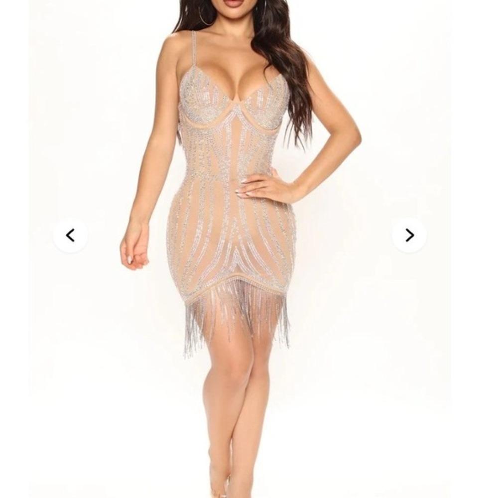 New Fashion Nova Bling All That Sparkles Mini‎ Dress Nude Silver Rhinestone L